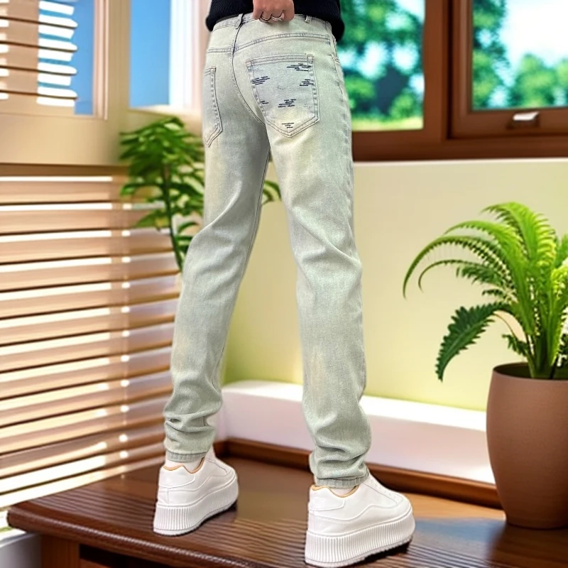 娜罗普西美式做旧黄泥牛仔裤男四季款薄新款时尚刺绣修身小脚长裤