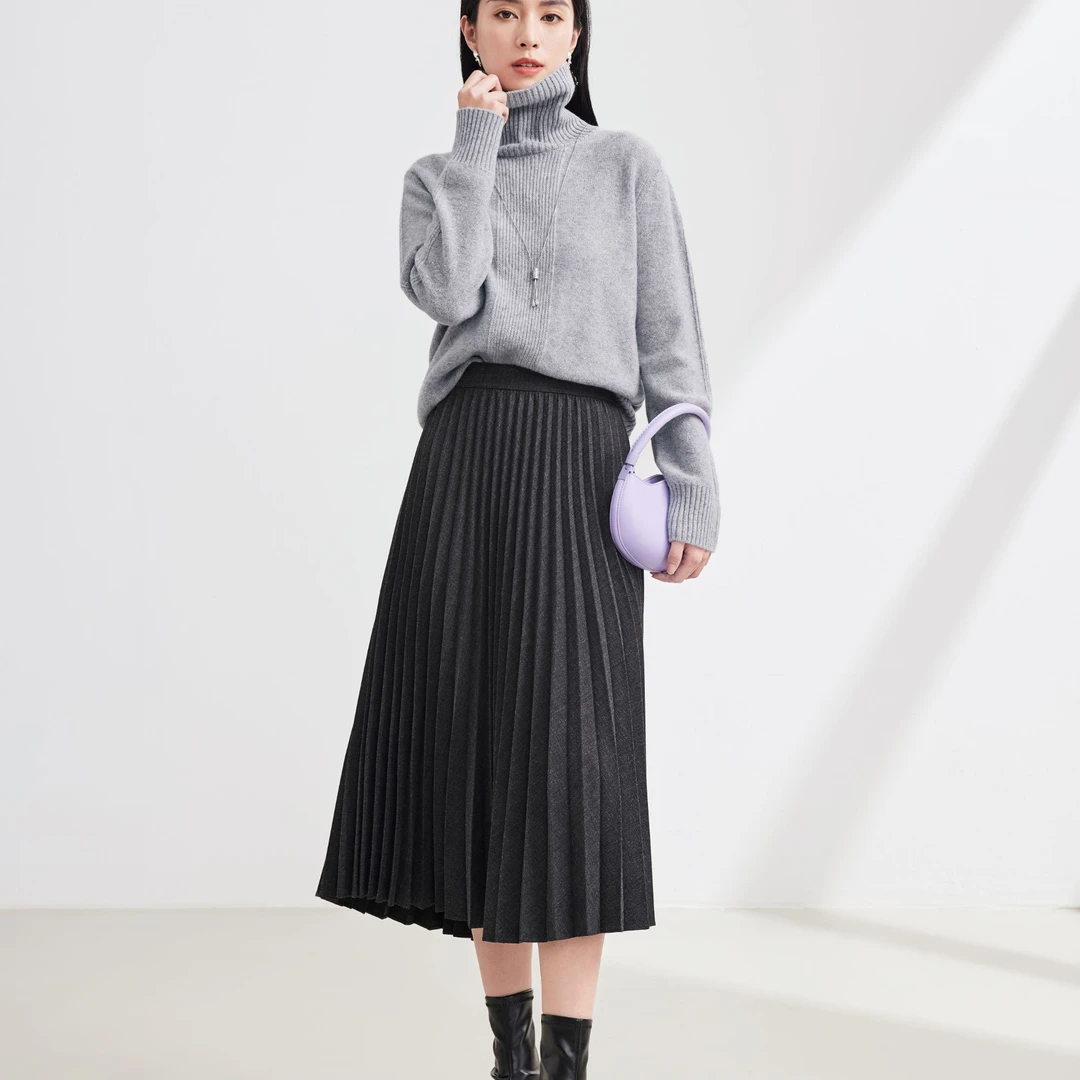 迪图高腰百褶半身裙女秋冬显瘦中长款通勤气质伞裙