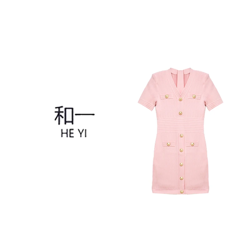 HY 极简风高腰V领连衣裙夏季清凉感冰丝镂空-301