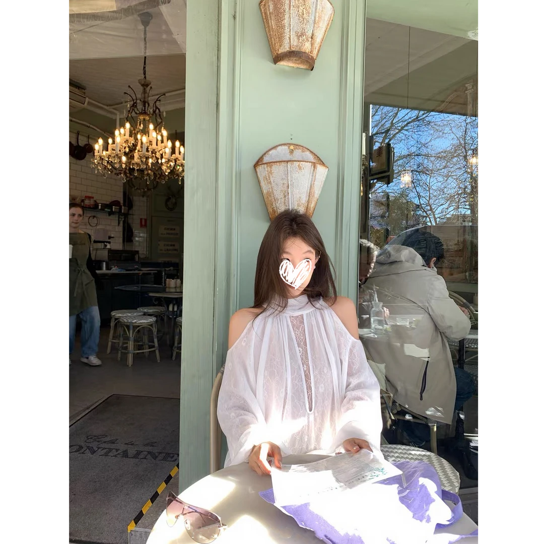 早秋甜美韩系芭蕾白纯欲温柔千金感高级时尚无袖挂脖上衣D601