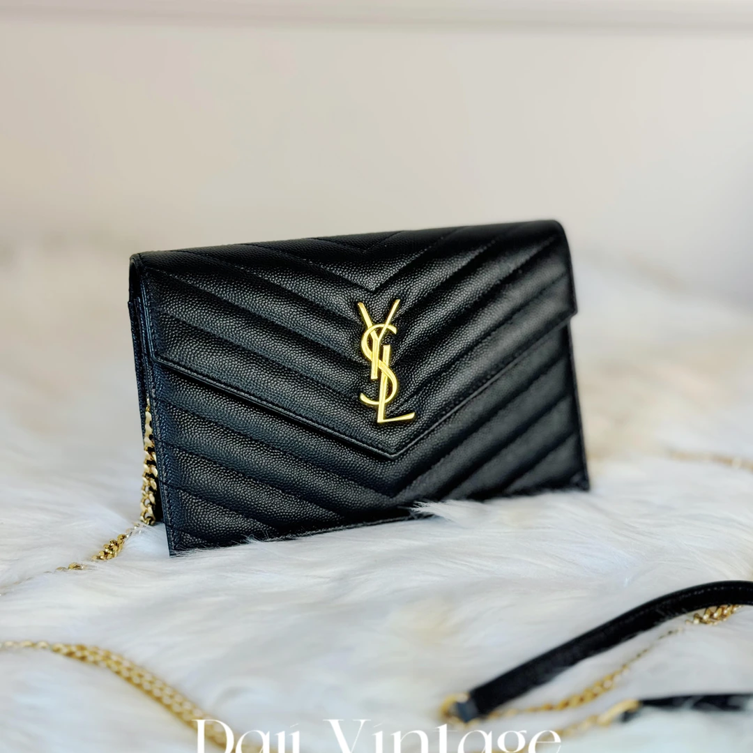 大吉中古/Ysl圣罗兰黑金v纹信封斜挎包