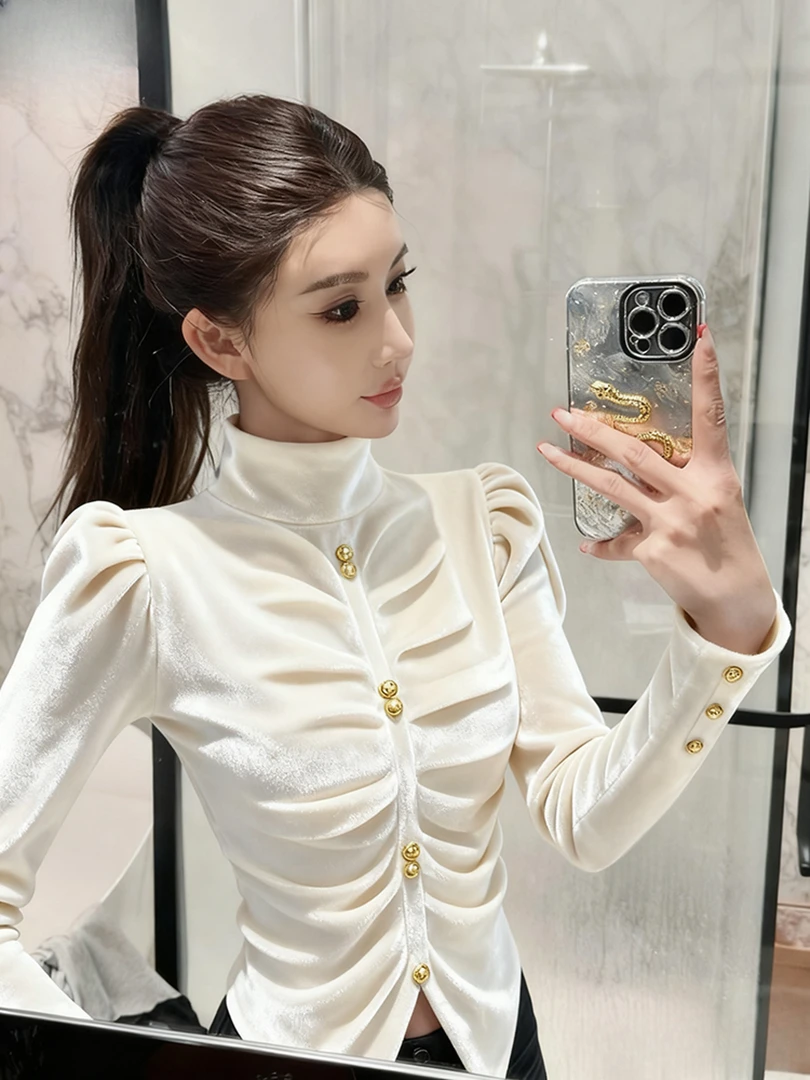 秋季高端法式小资上衣气质独特巨好看时尚百搭小香风白色丝绒衬衫