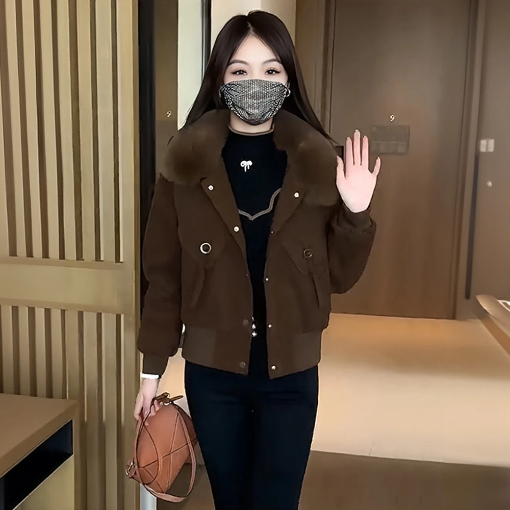 雅鹿加绒收腰短款外套2025冬新款时尚休闲毛领显瘦短外套