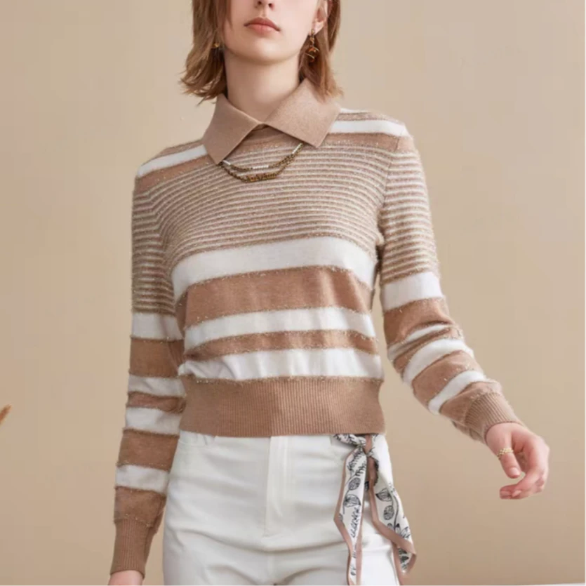 【品牌福利】圆领包袖长袖条纹毛衣EANDCB85710010