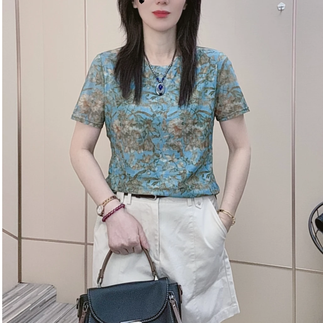 2025年夏季新款女装洋气竹叶青圆领肌肤纱透气宽松t恤短袖女体恤T