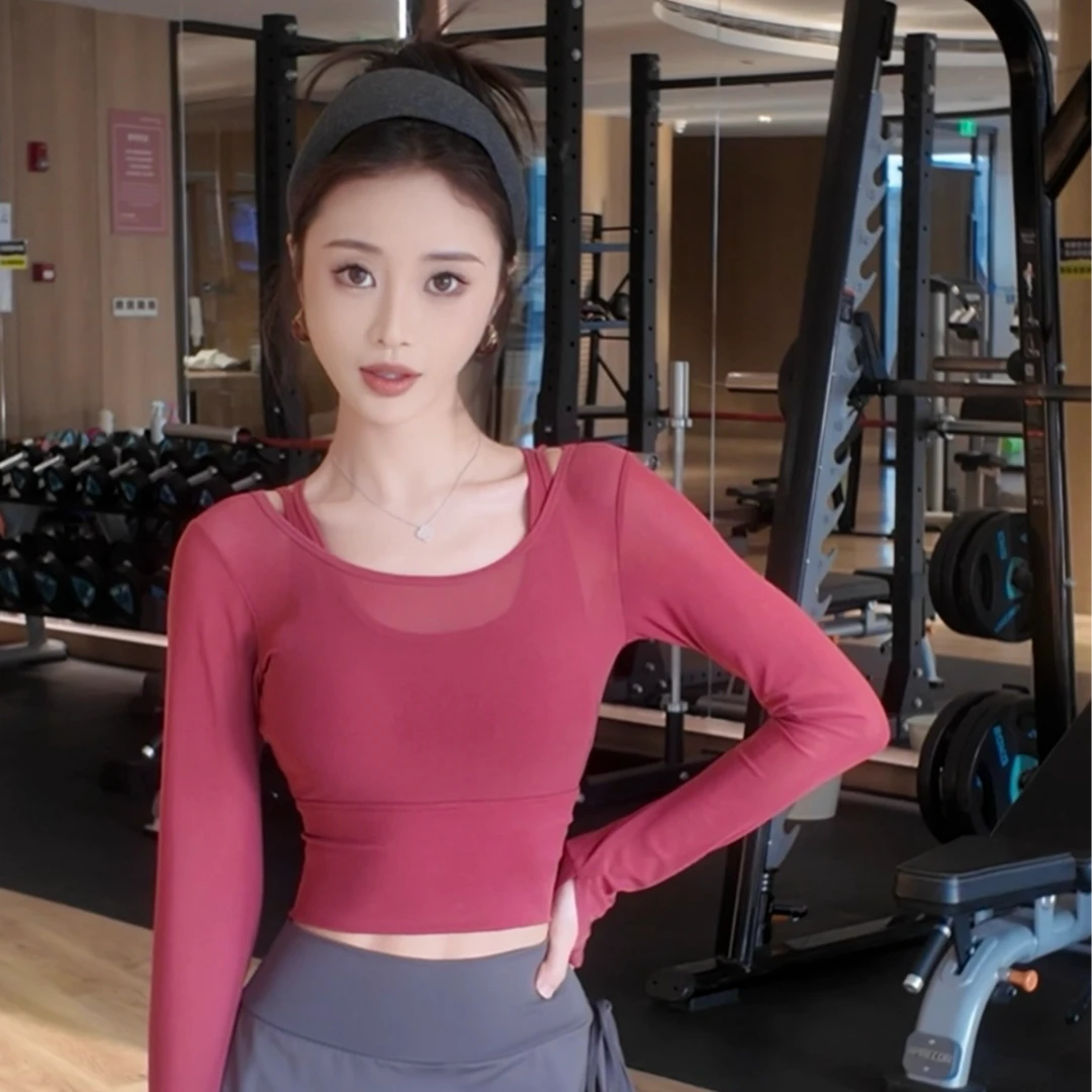 运动瑜伽服女秋季时尚休闲网纱长袖美背连体瑜伽上衣35021