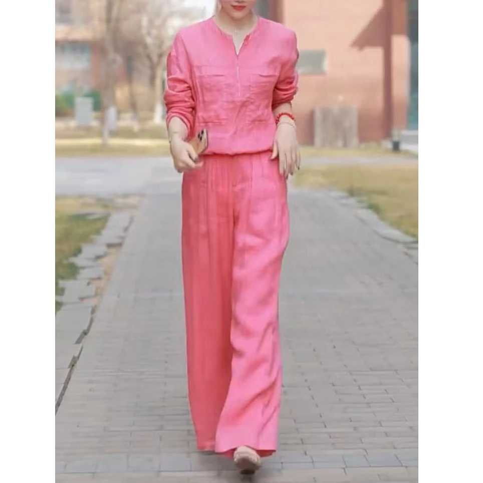 春季新款度假风薄款衬衫女休闲时尚圆领长袖拉链小衫配阔腿裤套装