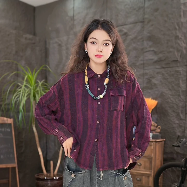 LL色织衬衫秋季宽松慵懒风上衣百搭女装2025新款翻领衬衣