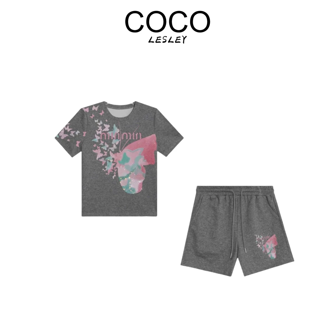 【COCO LESLEY】秘鲁棉蝴蝶烫钻短袖+抽绳短裤休闲套装msl545