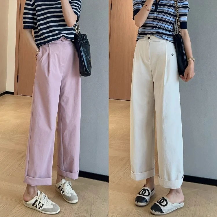 折纸肌理感九分阔腿休闲裤女2025夏季薄款小个子高腰显瘦直筒裤