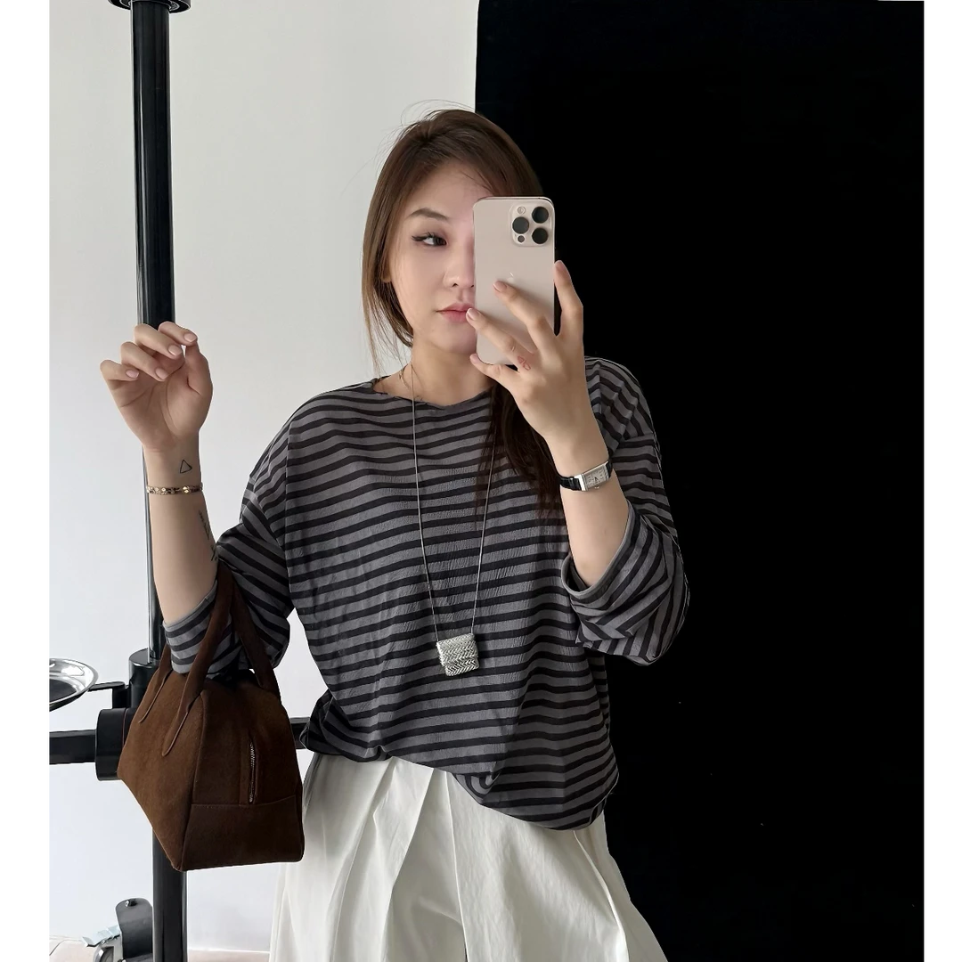 OSENSO"斑马T"休闲百搭宽松针织亚麻套头棉条纹T恤ZZ250179