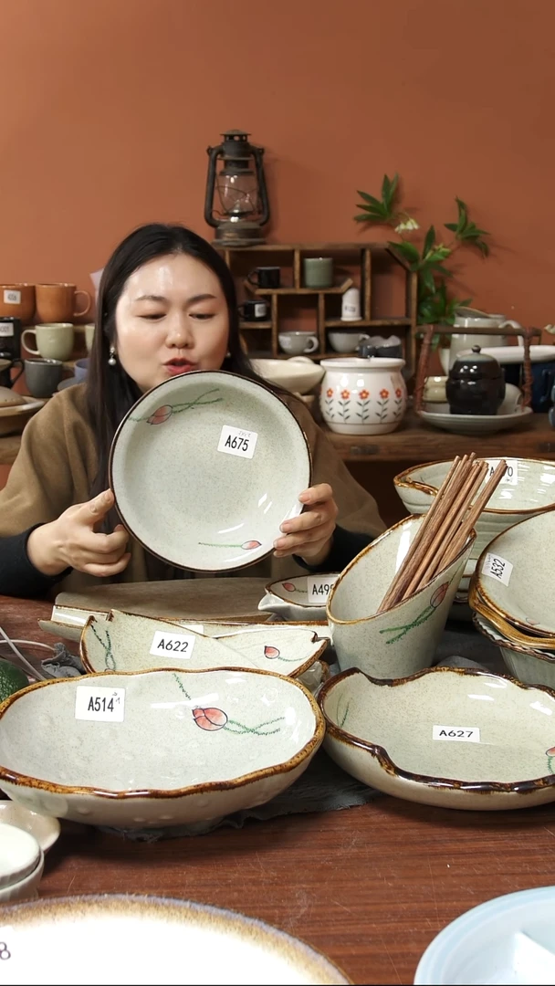陶瓷A675 一只手绘荷花黑点深盘22*5.5可能微瑕