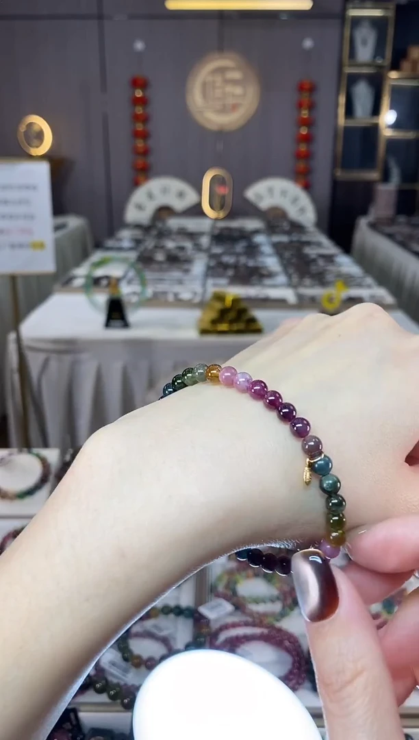 未镶嵌老矿碧玺色标彩虹单圈手串5mm+碧玺F706-051108