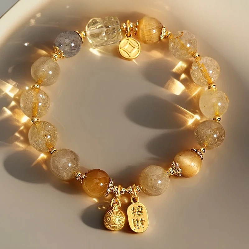 新中式天然金发晶水晶月光石手链吞金兽虎眼石手串送闺蜜礼物证书