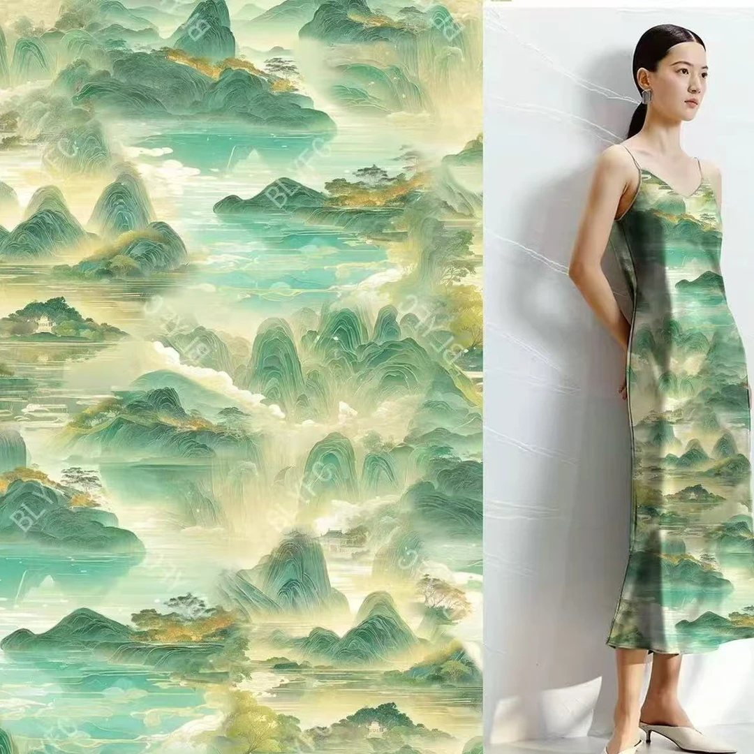 【绿色千里江山】100真丝  香云纱面料