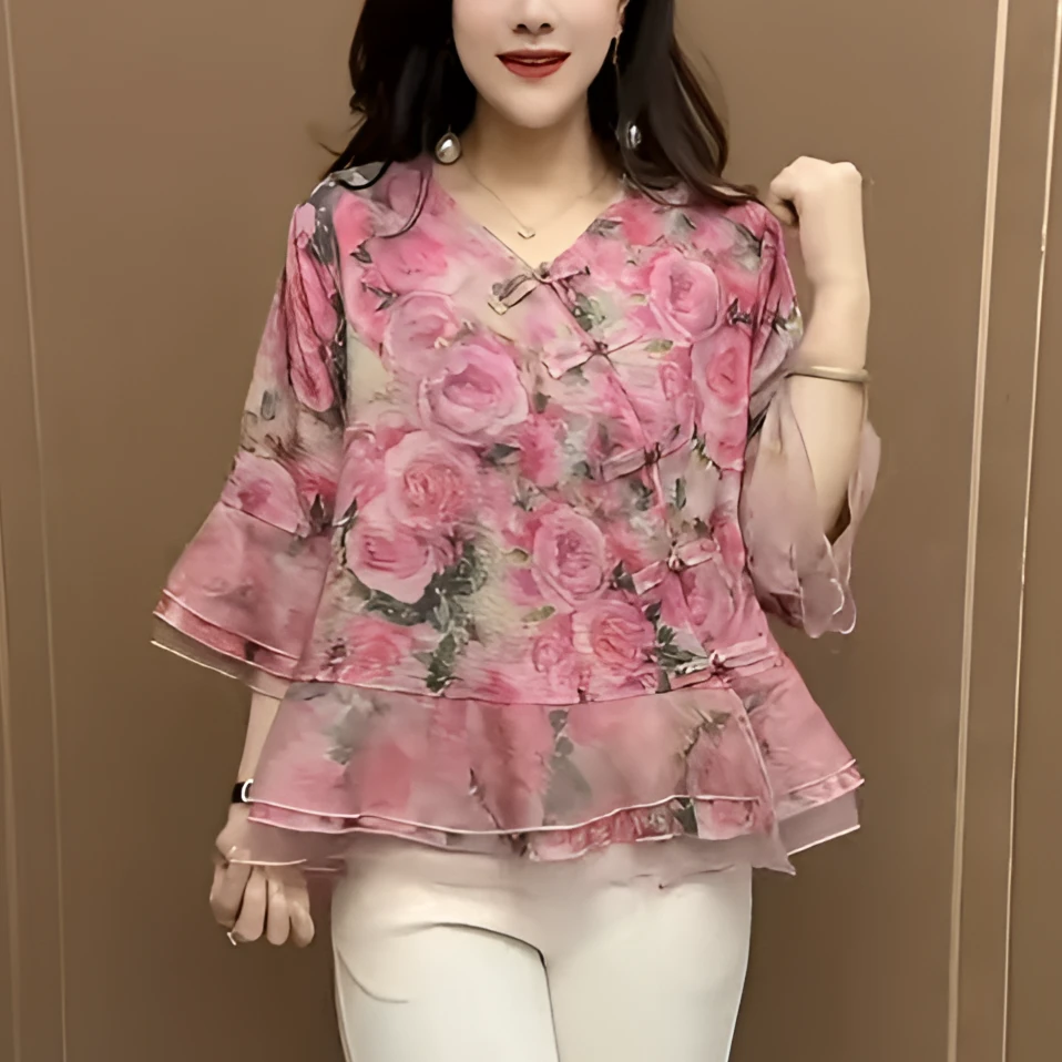 复古盘扣拼接夏款女装衬衫2025新款宽松休闲百搭印花中老年妈妈装