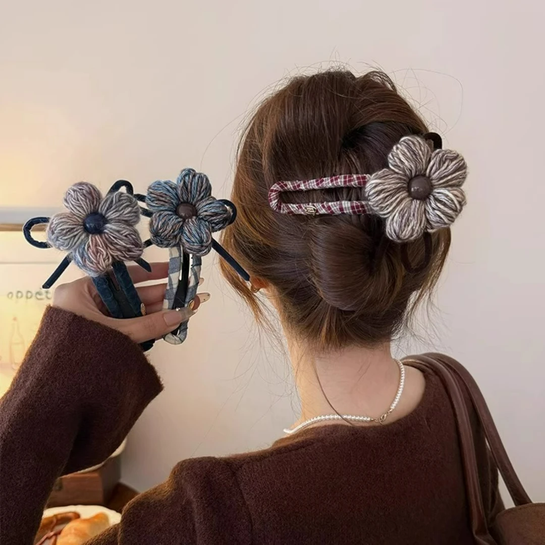 毛线蝴蝶结格纹发夹女后脑勺大号鸭嘴夹2025新款盘发抓夹秋冬头饰