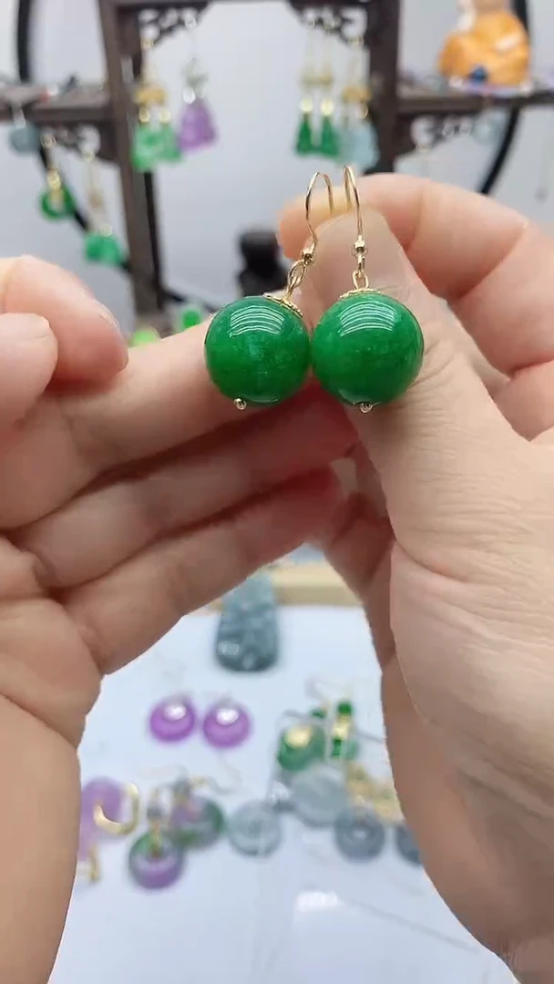 石英质玉（非洲翠）14K金镶嵌耳钉44