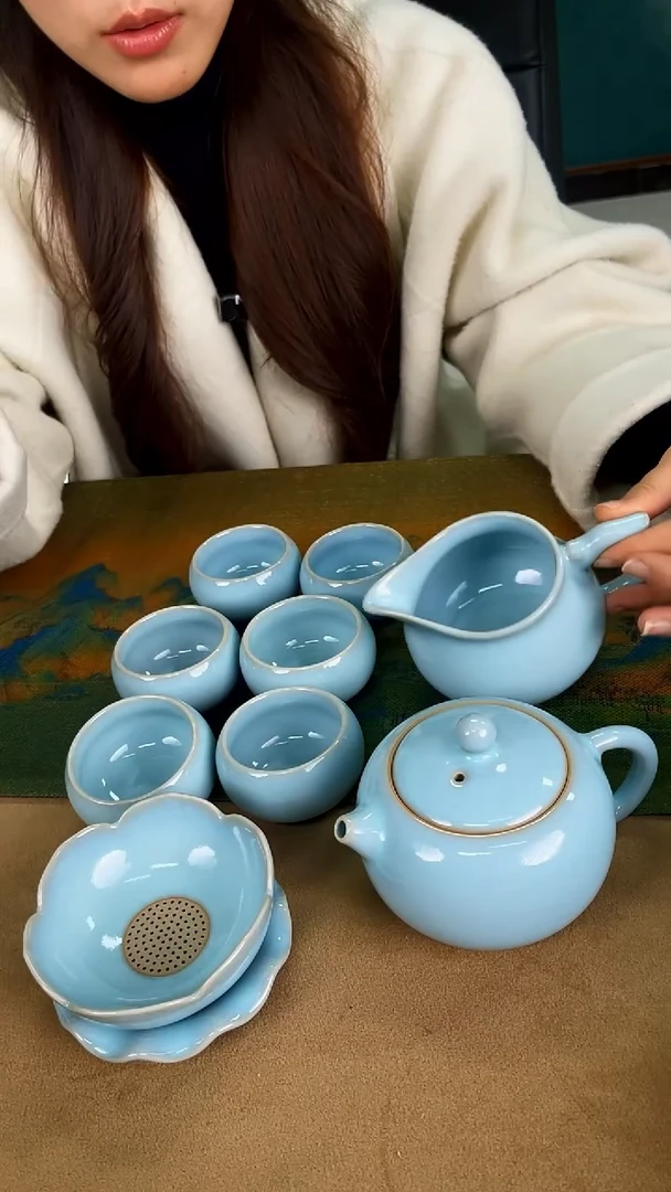 其他瓷韩红 天青釉 西施壶十件套