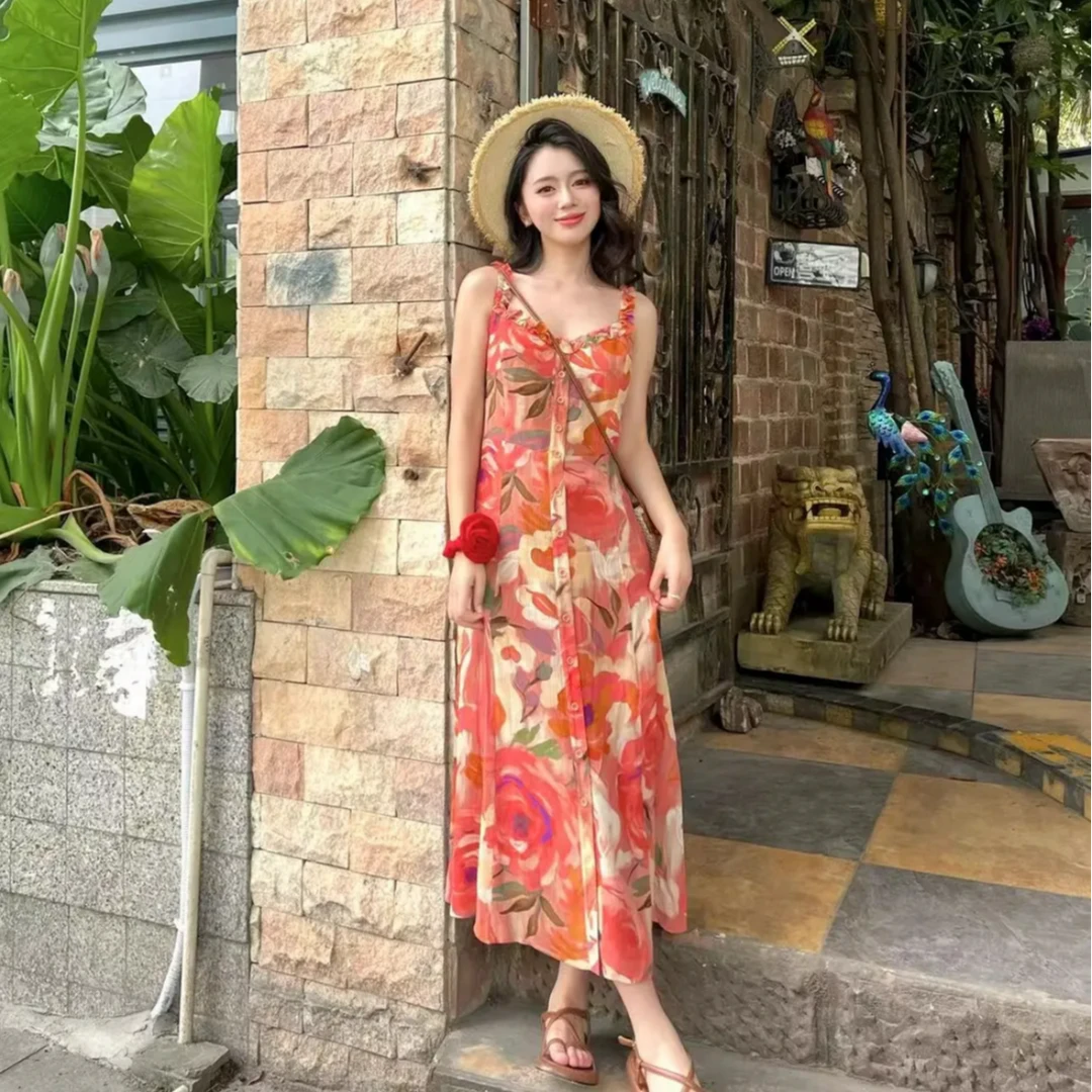 GIRDEAR/哥弟早春新款时尚显瘦气质印花吊带洋气连衣裙1500528