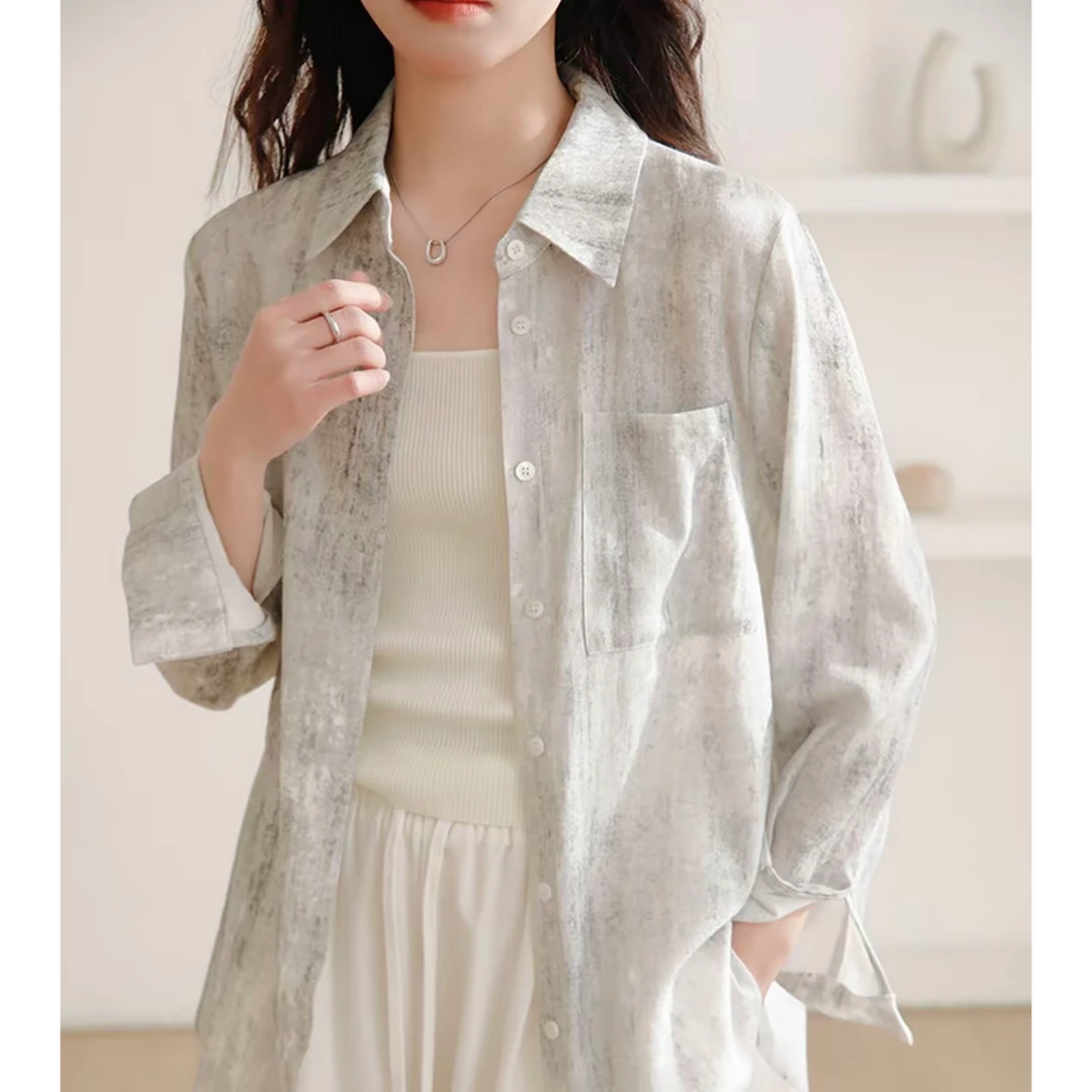 时尚气质亚麻长袖翻领女式小衫25DAK0831
