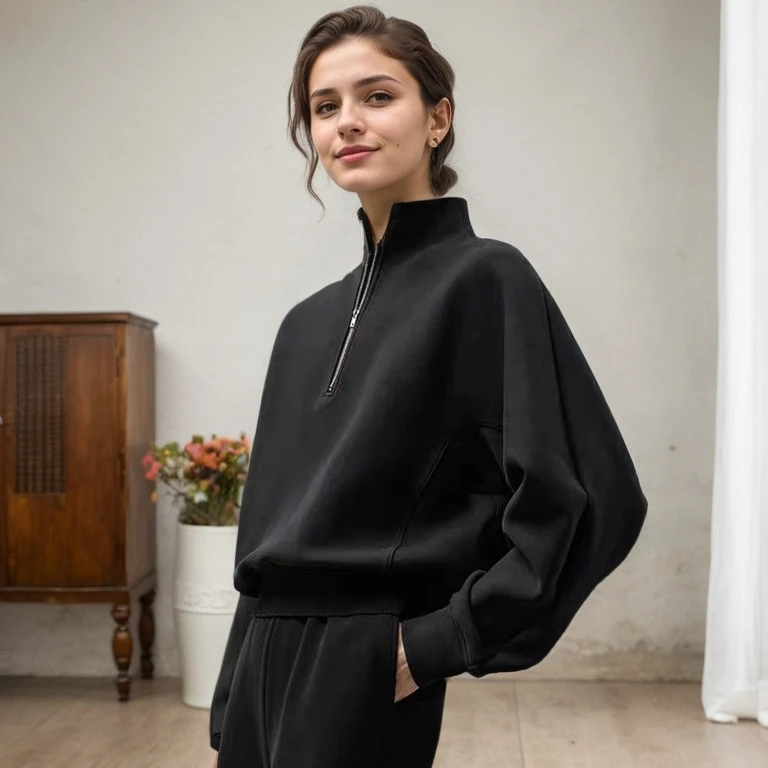 XY-欧美风套头休闲百搭时尚卫衣长袖户外黑色半拉链卫衣