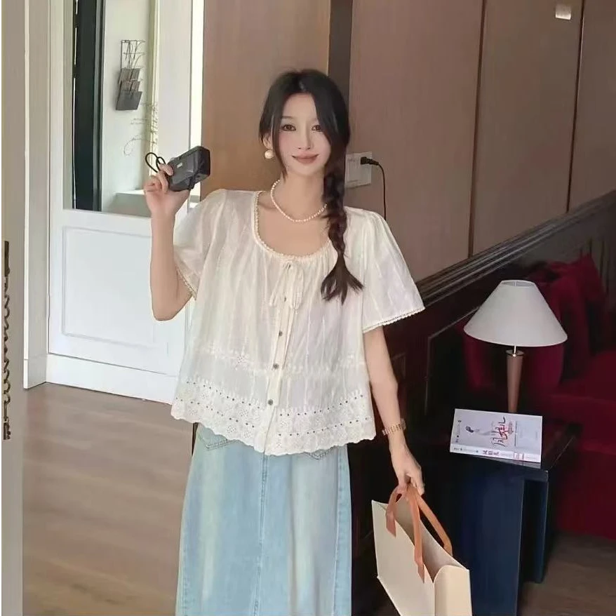 2025春夏季新款洋气刺绣白色衬衫女短袖高级感慵懒风薄款衬衣小衫