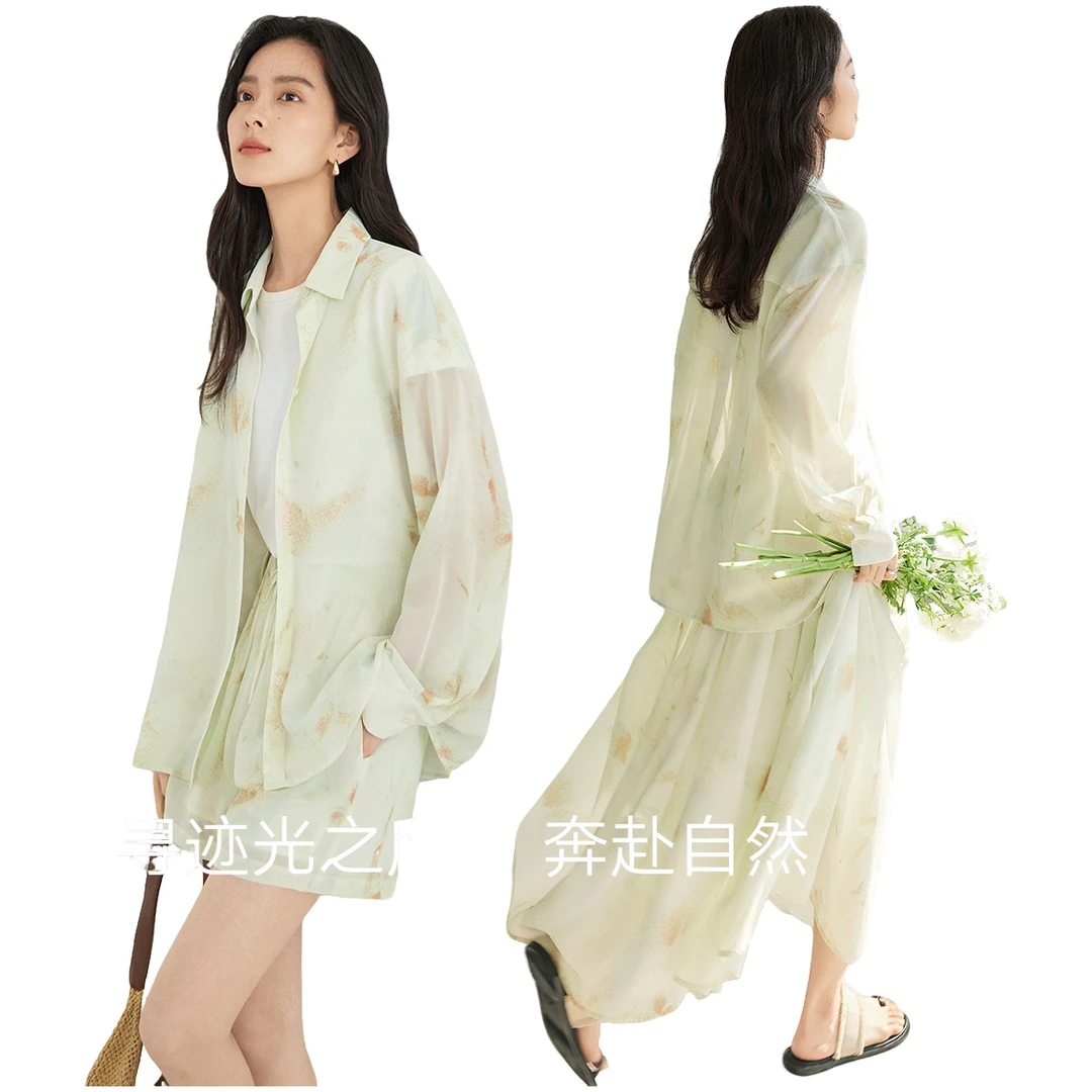 对白【懒人三件套】春日衬衫套装裙女印花短裤半身裙DYZB-EDZ030