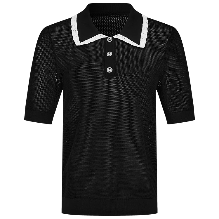 【商场同款】曼德诗针织T恤夏季镂空冰丝撞色翻领套头衫M733110904