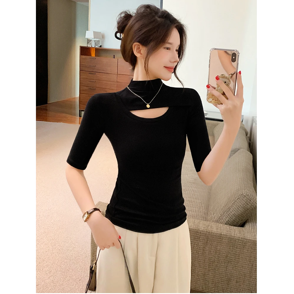 黑色小高领中袖t恤女秋冬季新款五分袖时尚镂空正肩修身打底上衣