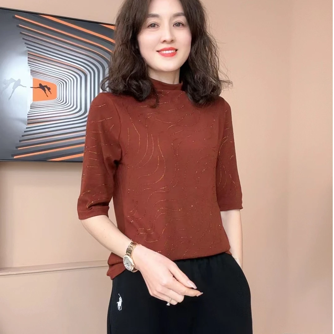 2025春夏新款女士冰丝烫钻短袖时尚洋气百搭半高领打底衫7678-04