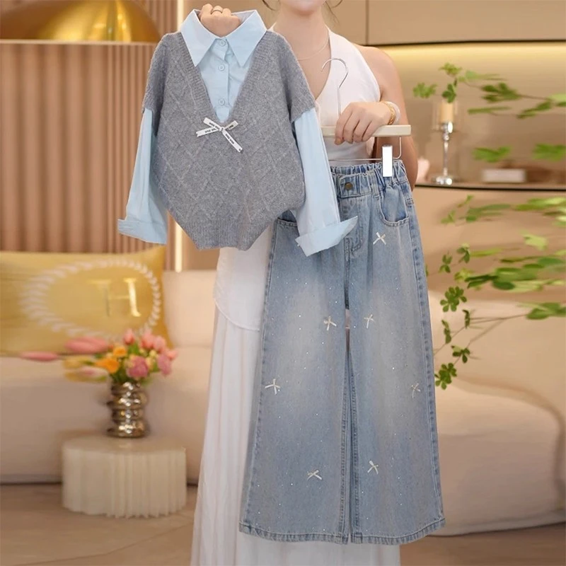 女童拼接毛衣衬衫牛仔裤套装2025新款春秋款针织上衣蝴蝶结阔腿裤