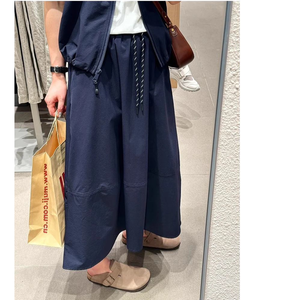 藏青色速干工装半身裙女春夏薄款梨形身材高腰a字伞裙夏季