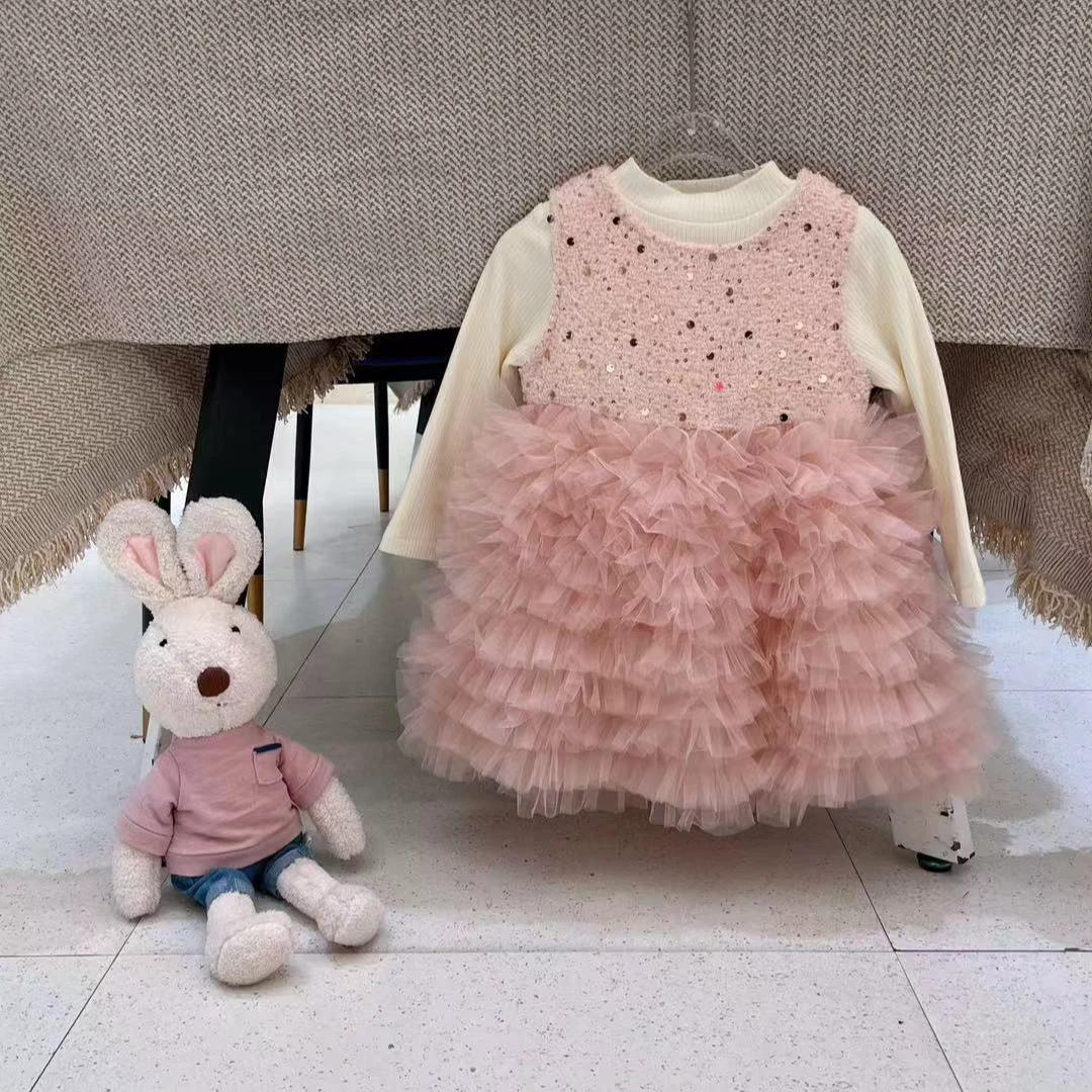 现货原创粉亮片色女童加绒周岁冬季小香风生日周岁礼服裙两件套