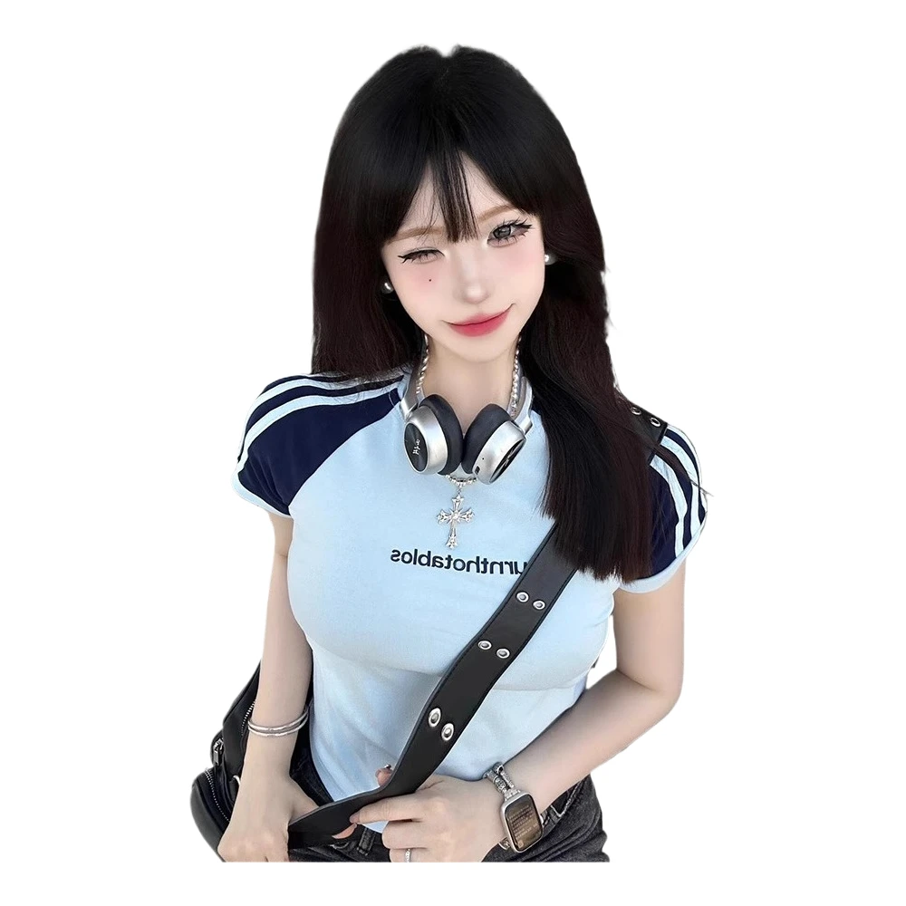 女士夏日纯棉美式撞色字母修身显瘦时尚百搭运动短袖T恤设计夏季