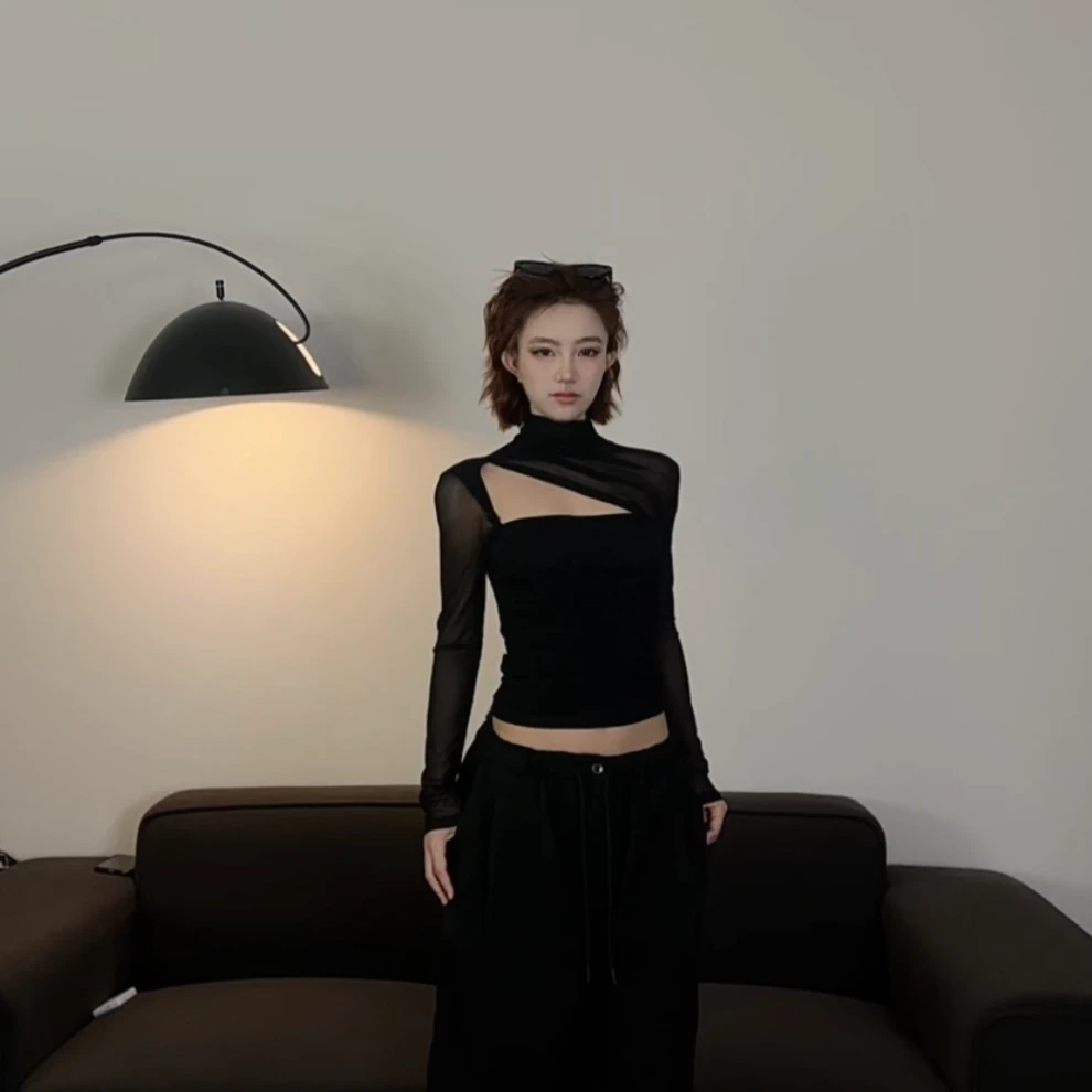 【清仓福利】格雷系镂空网纱拼接小设计款高领打底上衣#6303