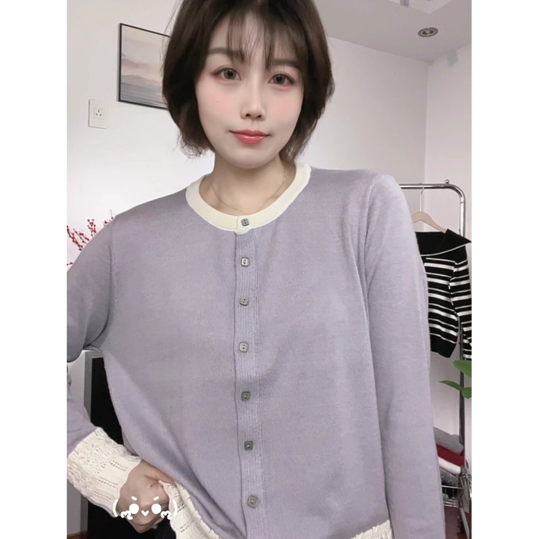 2025新款韩版气质显白圆领百搭假两件时尚上衣钩花拼接显瘦薄款