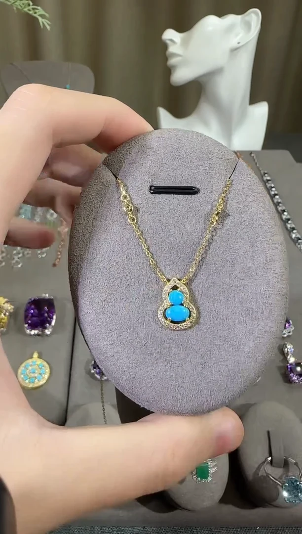 银S925镶嵌绿松石珠宝奇石9*7mm套链葫芦设计款