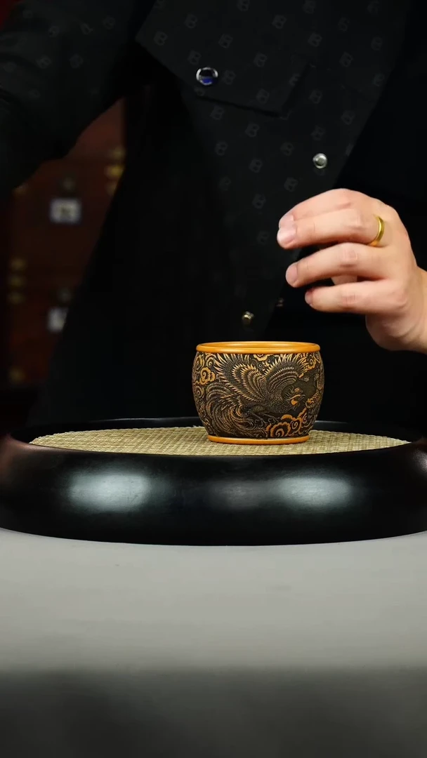 茶壶紫砂鸡油黄 缸杯 刻绘 四大神兽