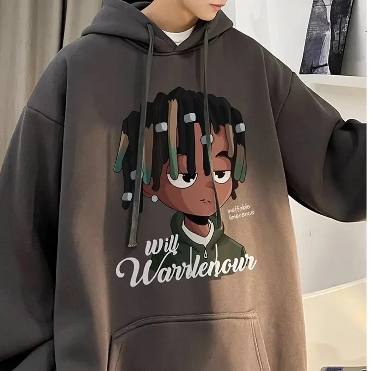大码300斤美式卡通印花连帽卫衣男秋冬潮牌衫青少年重磅加绒上衣