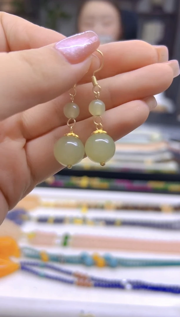 和田玉14K金镶嵌耳饰DIY款E774