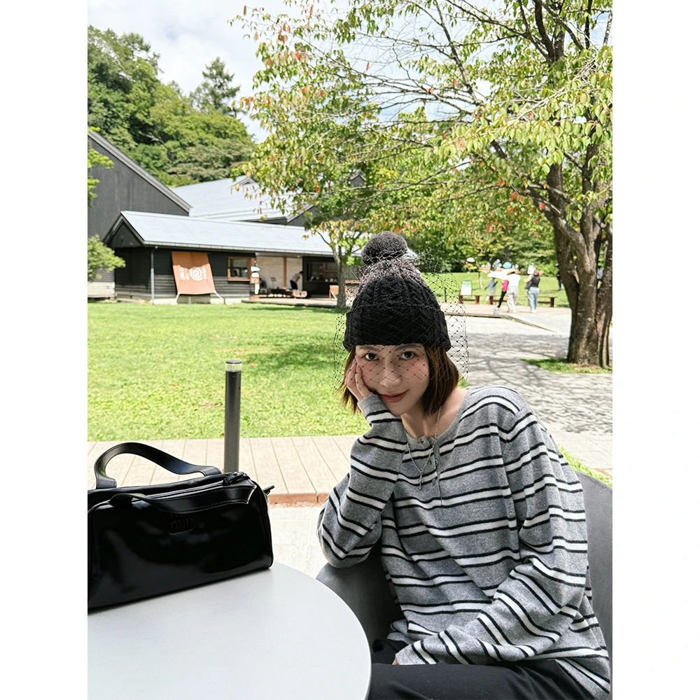 【唐悠悠mgdm】100澳羊毛12针间条针织条纹套头毛衣宽松厚针织衫