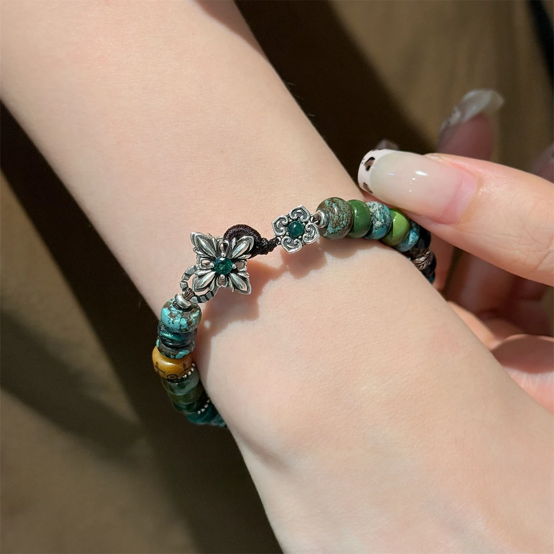 925银手链 柒 S10619 克克十字花卡扣花纹蓝色算盘珠珠手链