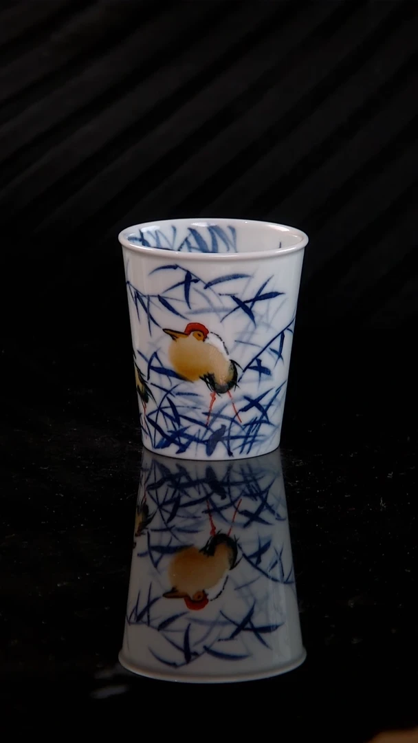 李华手绘青花花釉鹭鸶小可乐杯