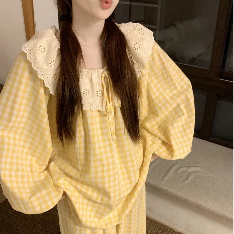 2025年新款网红爆款睡衣女黄格子蕾丝花边甜美可爱春秋家居服套装