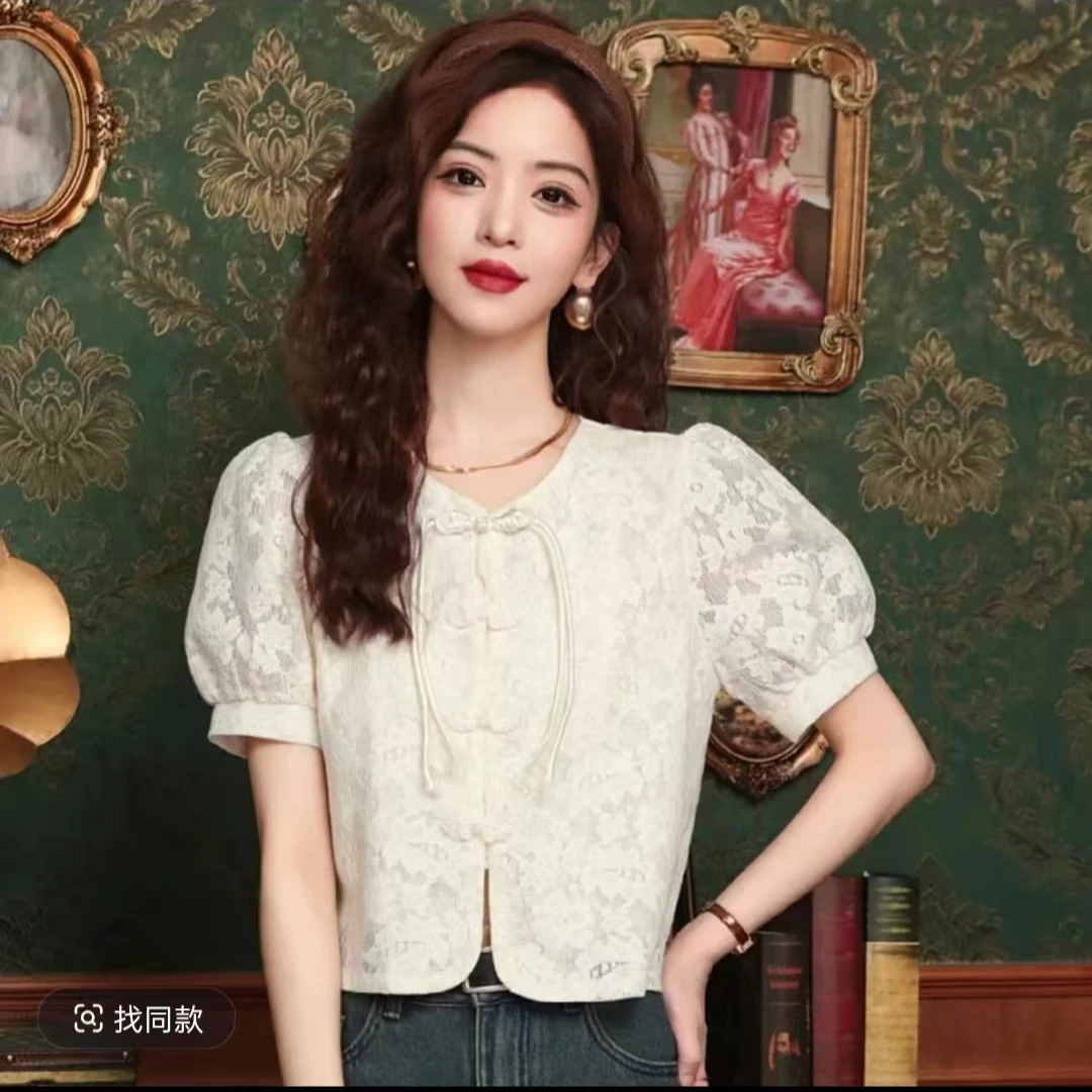 1821新中式短袖蕾丝衬衫女显瘦小香风短款上衣国风小衫