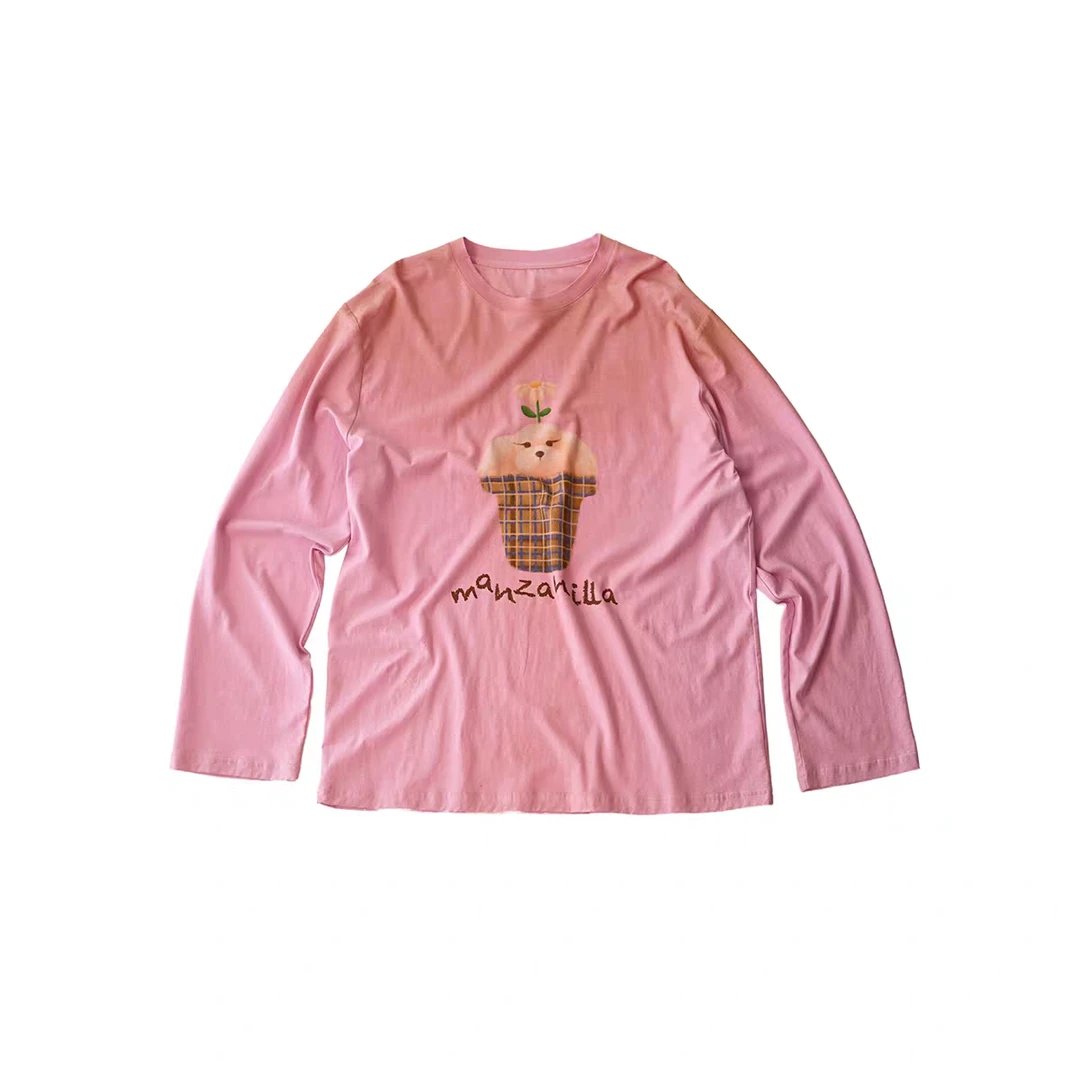 manzanilla设计师盆栽小狗印花长袖T恤早秋新品