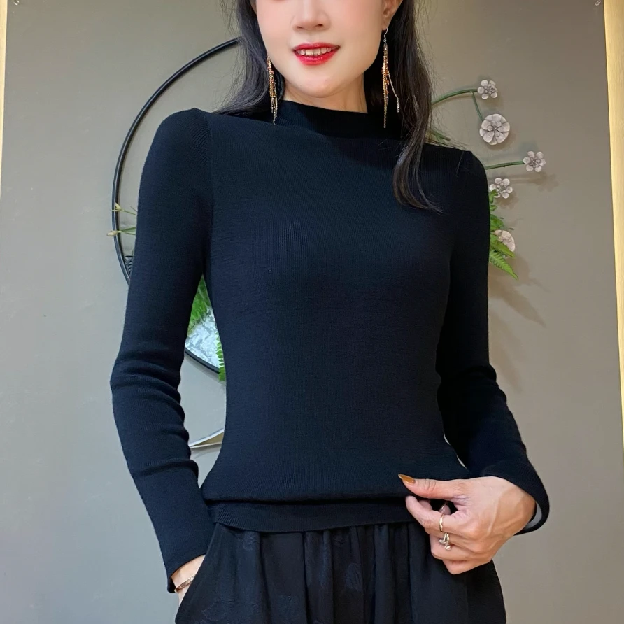 junshangqiyi君尚绮依轻熟风毛针织衫女时尚秋冬新老钱风长袖黑色