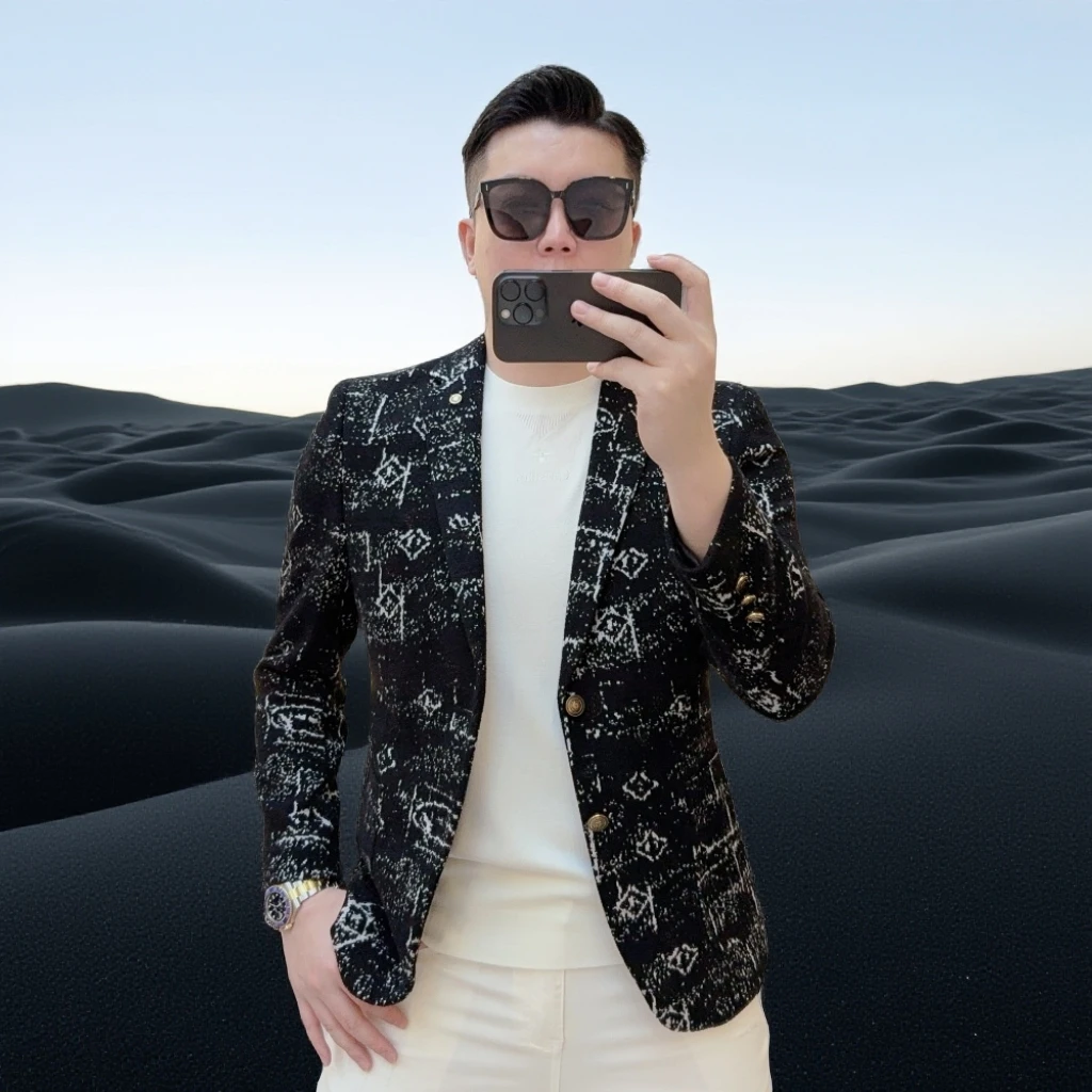 巴赛娜缇新款男士帅气西服外套时尚潮流个性设计字母羊毛西装便西