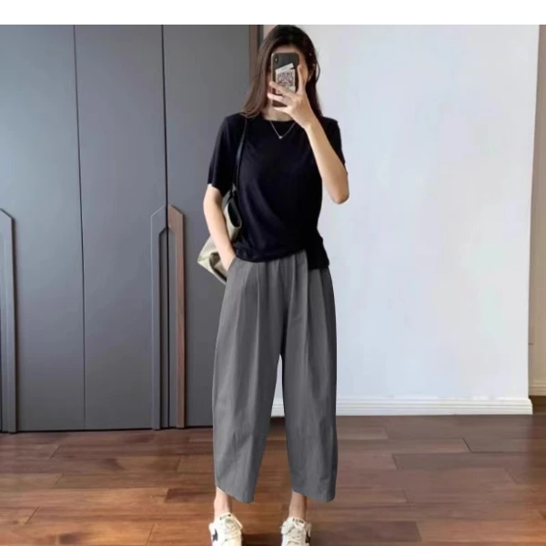 显瘦女夏薄款2025新款阔腿宽松高腰裤气质时尚通勤九分哈伦裤裤子